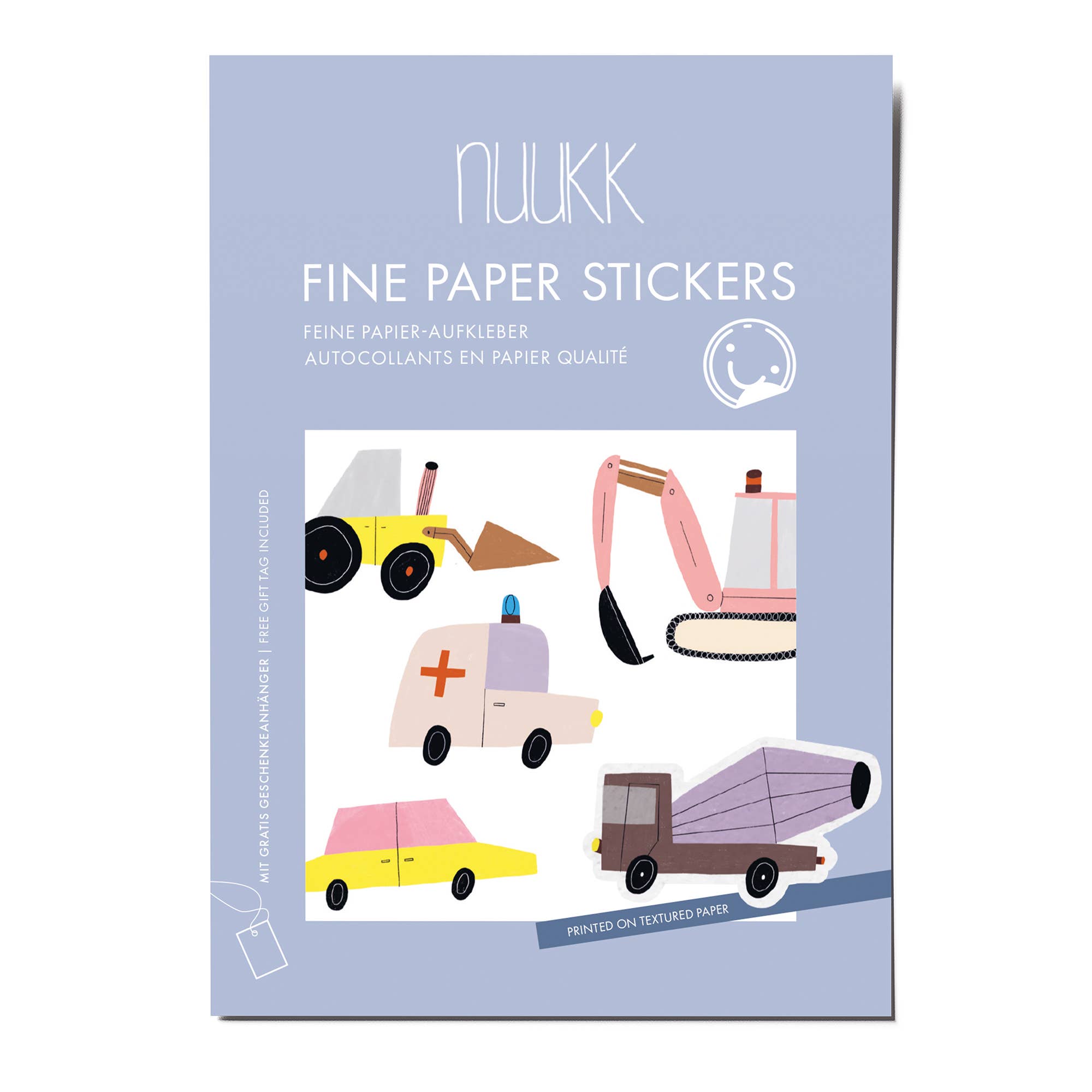 Packaging of NUUKK fine paper stickers with illustrated vehicles on a light blue background