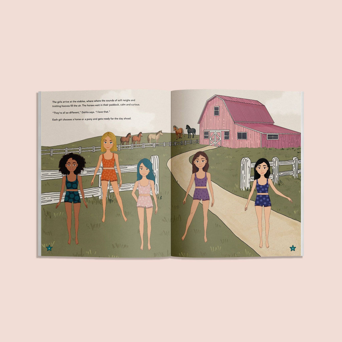 Illustrated book open to two pages showing a girl at a rodeo and another at a barn.