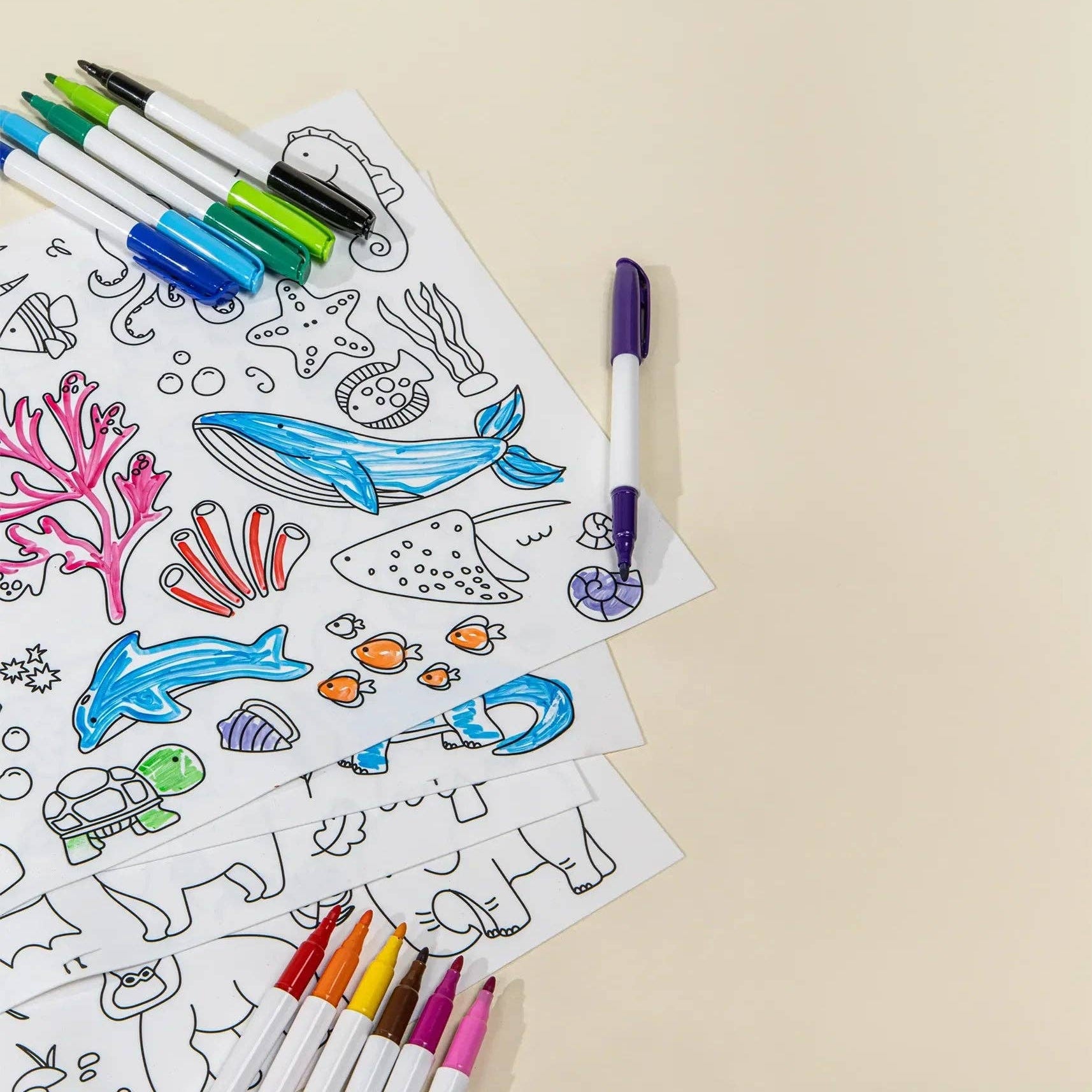 Set of 4 Silicone Washable Coloring Placemats & Markers