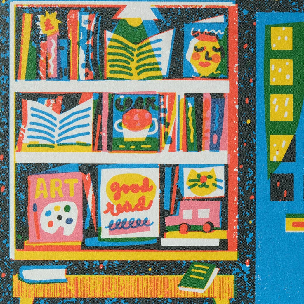 Colorful illustration of books on a shelf with a black speckled background