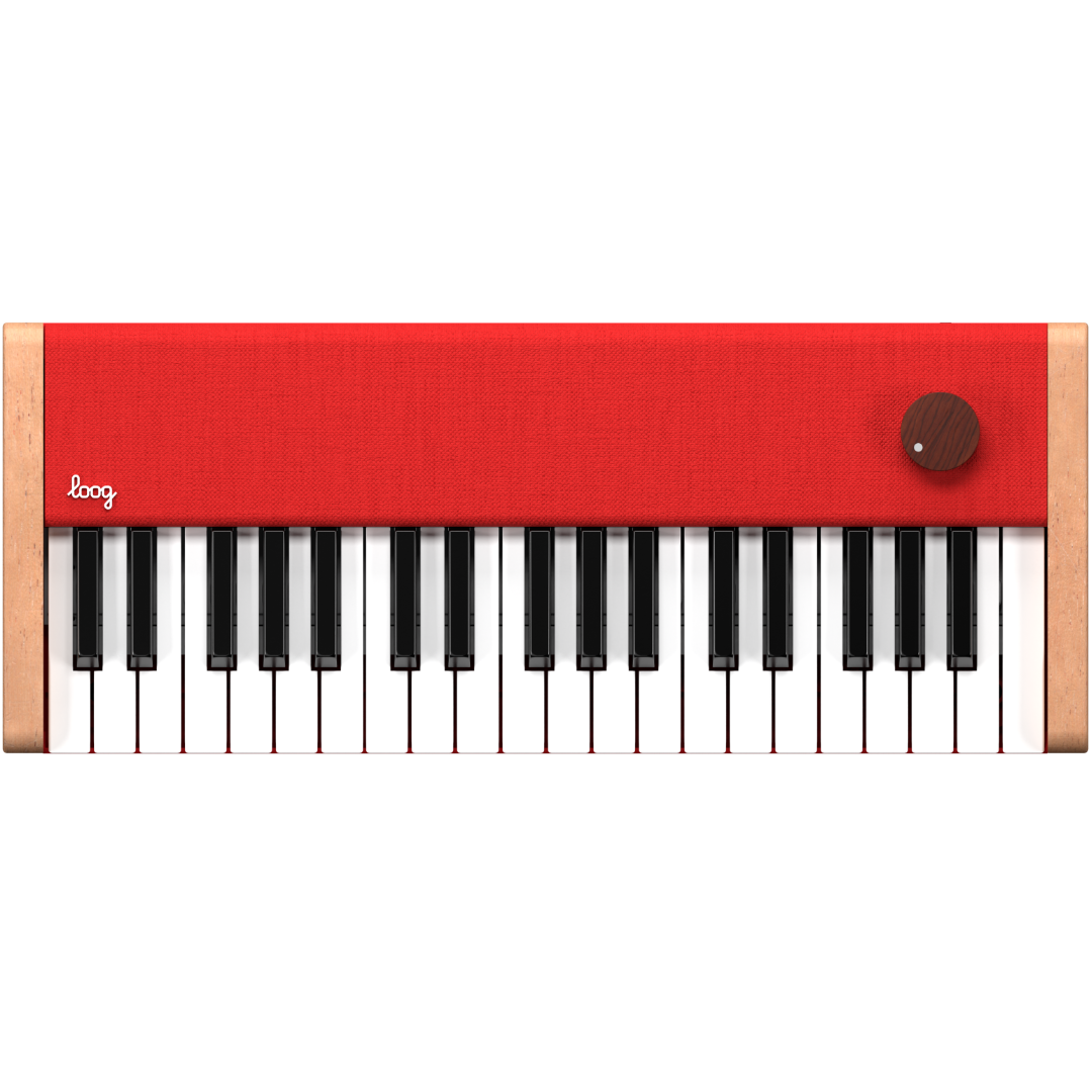 Red keyboard with black keys on a white background