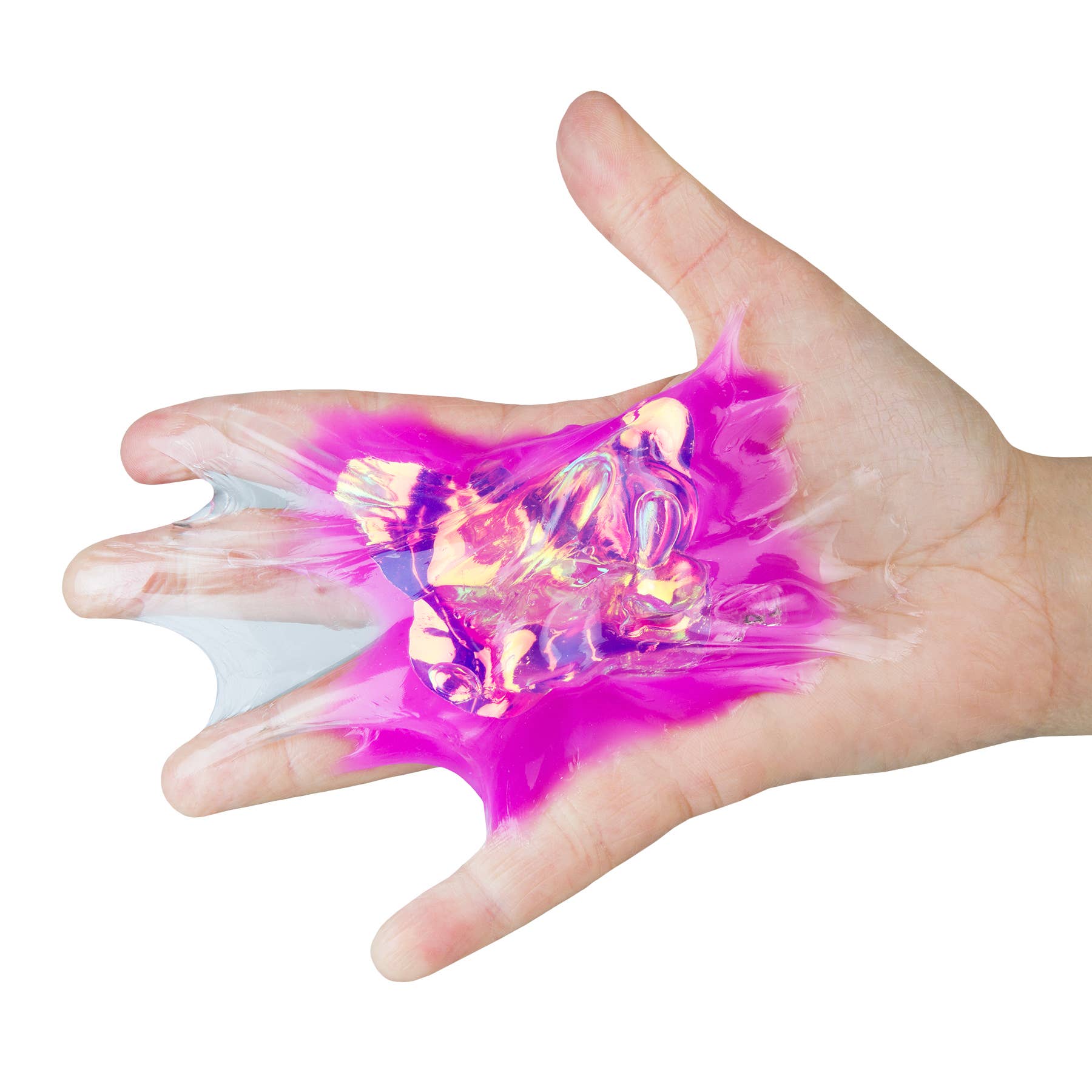 Hand with pink and purple gooey substance on a white background