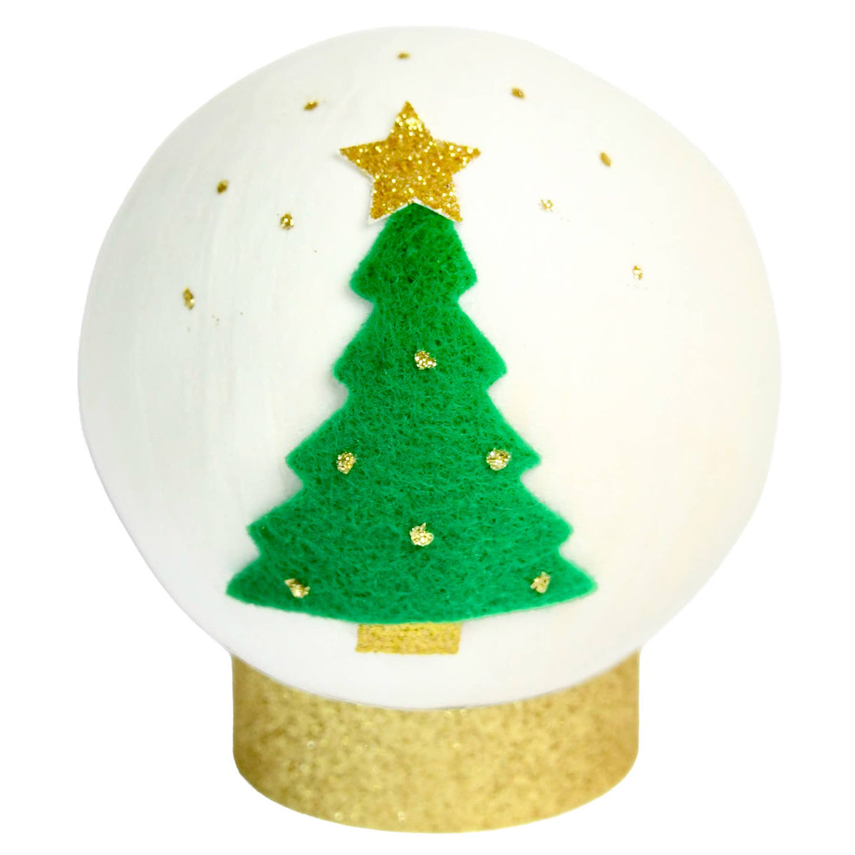A white spherical ornament or decorative ball with a green felt Christmas tree, gold glitter stars, and a gold glitter base, shown on a plain white background.