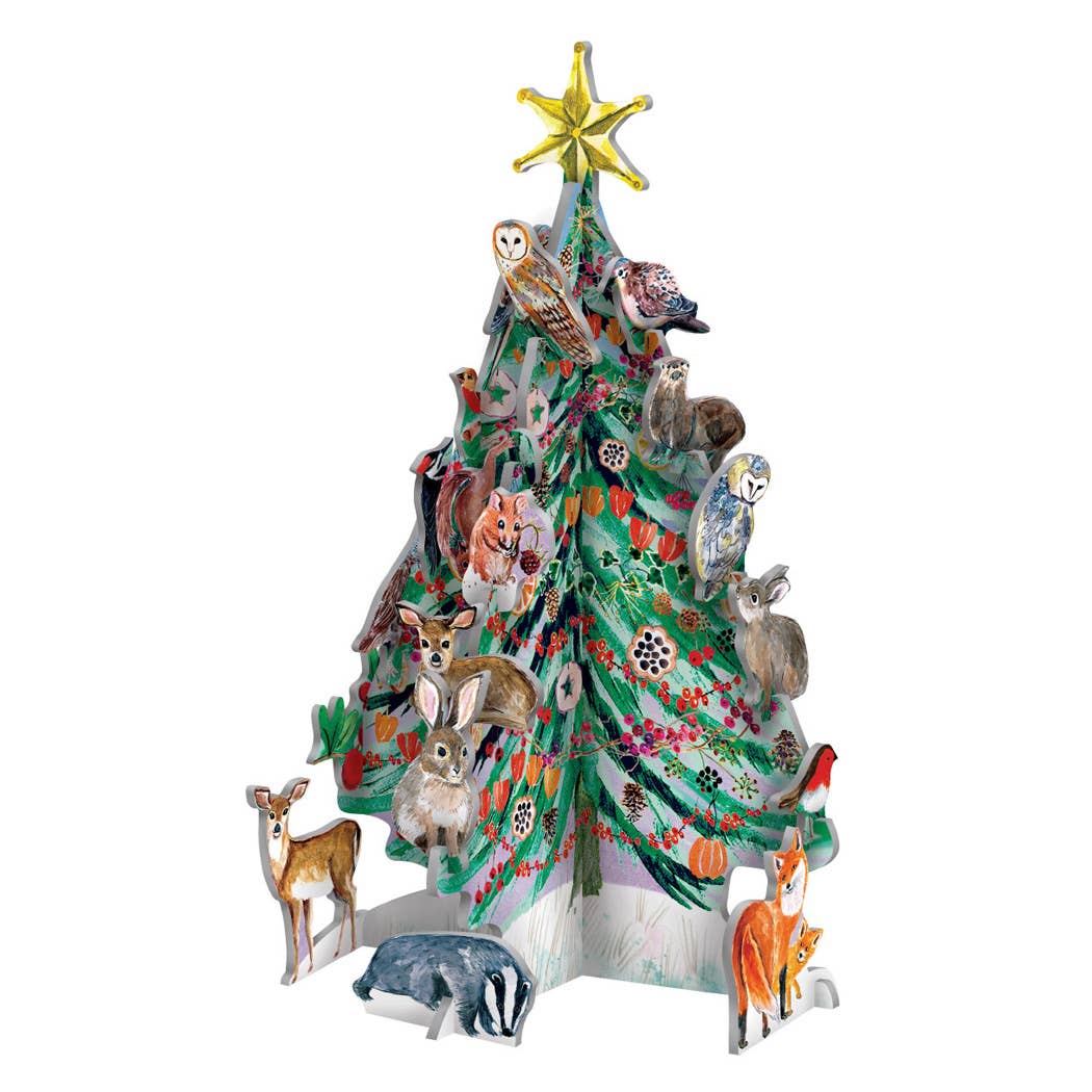 Decorative Christmas tree with animal figures and a star on top against a white background