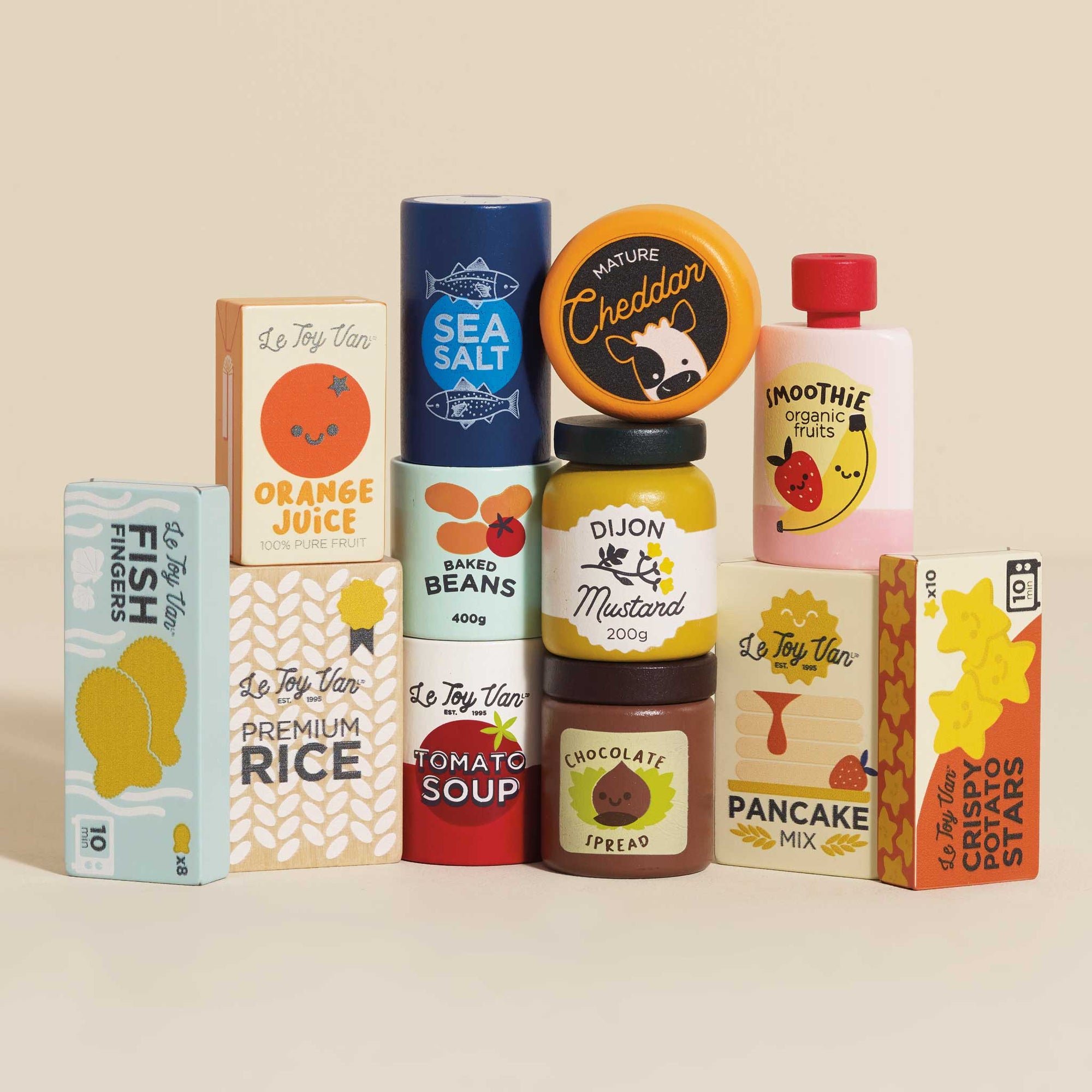 Assorted food packaging on a beige background