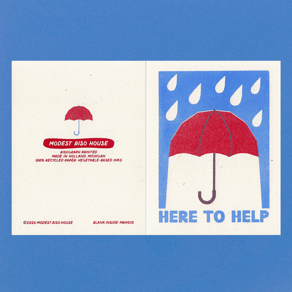 A square art print or card shown flat against a blue background, featuring a split design: the left panel has a small red umbrella and text reading 'MODEST RISO HOUSE,' and the right panel shows a larger red umbrella under rain with the words 'HERE TO HELP.'.