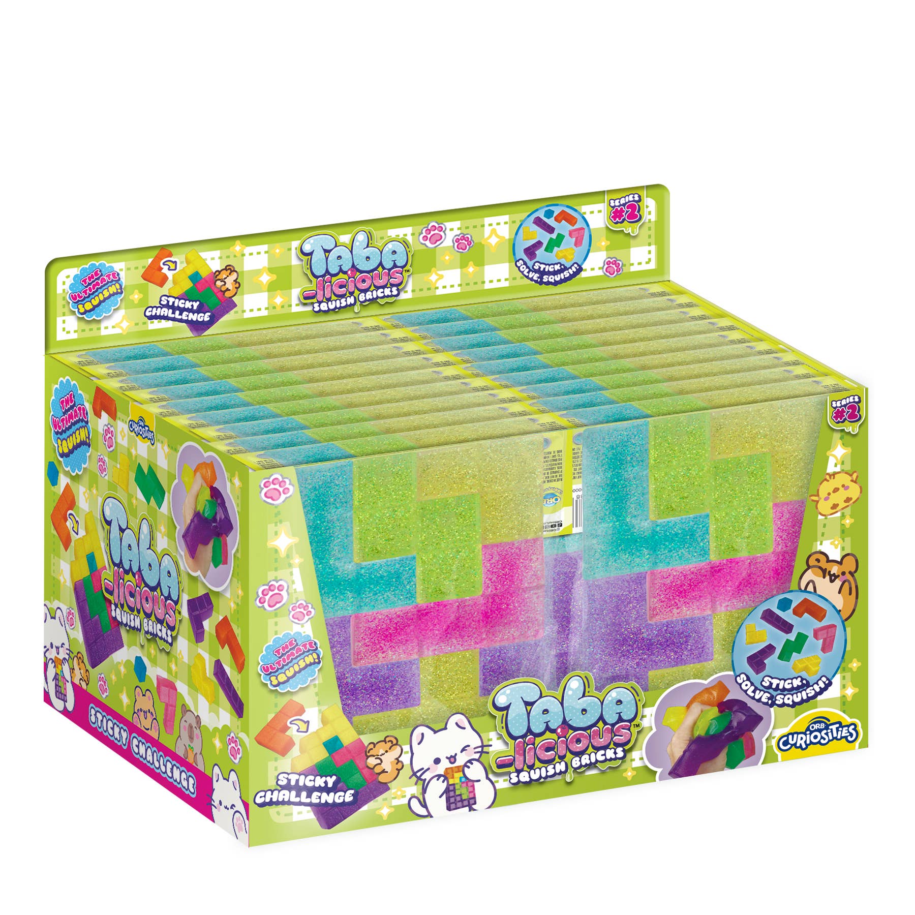 Box of Taba licious squishy cubes with colorful packaging on a white background