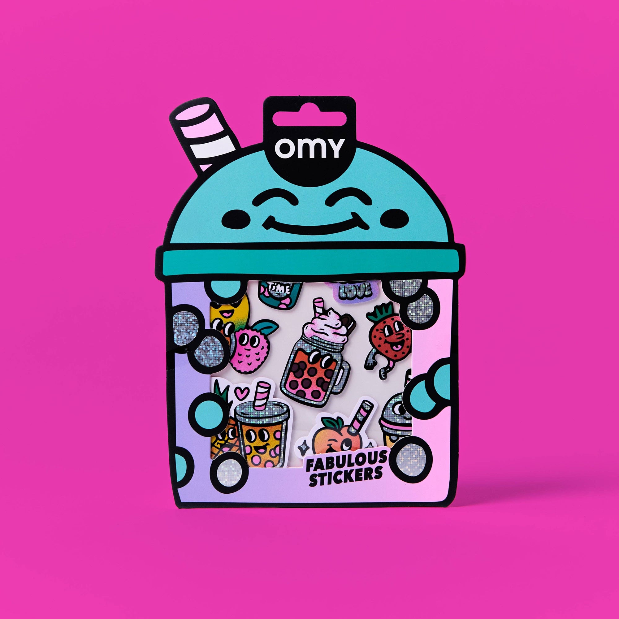 Pack of stickers with a colorful design on a pink background