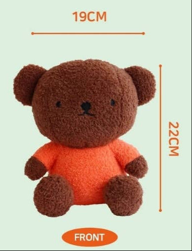 Small brown teddy bear with measurements on a light green background