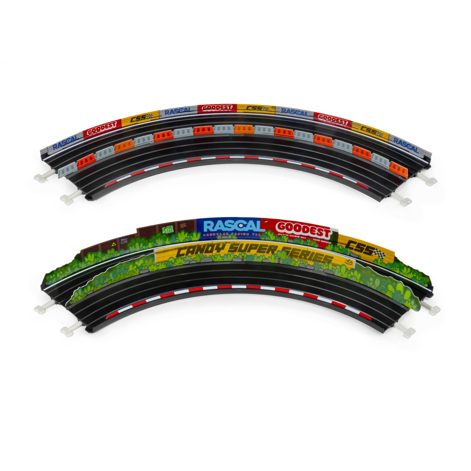 Set of toy race tracks with brand names on a white background