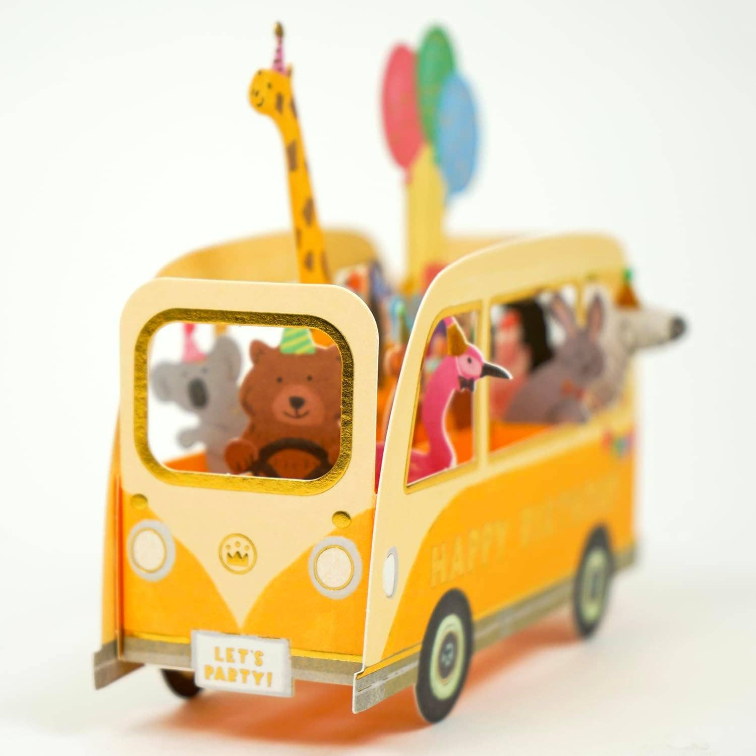 Colorful toy bus with animal figures on a white background