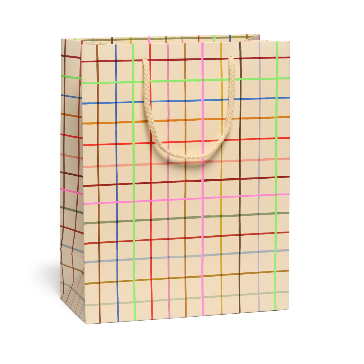 Beige gift bag with colorful plaid pattern on a white background