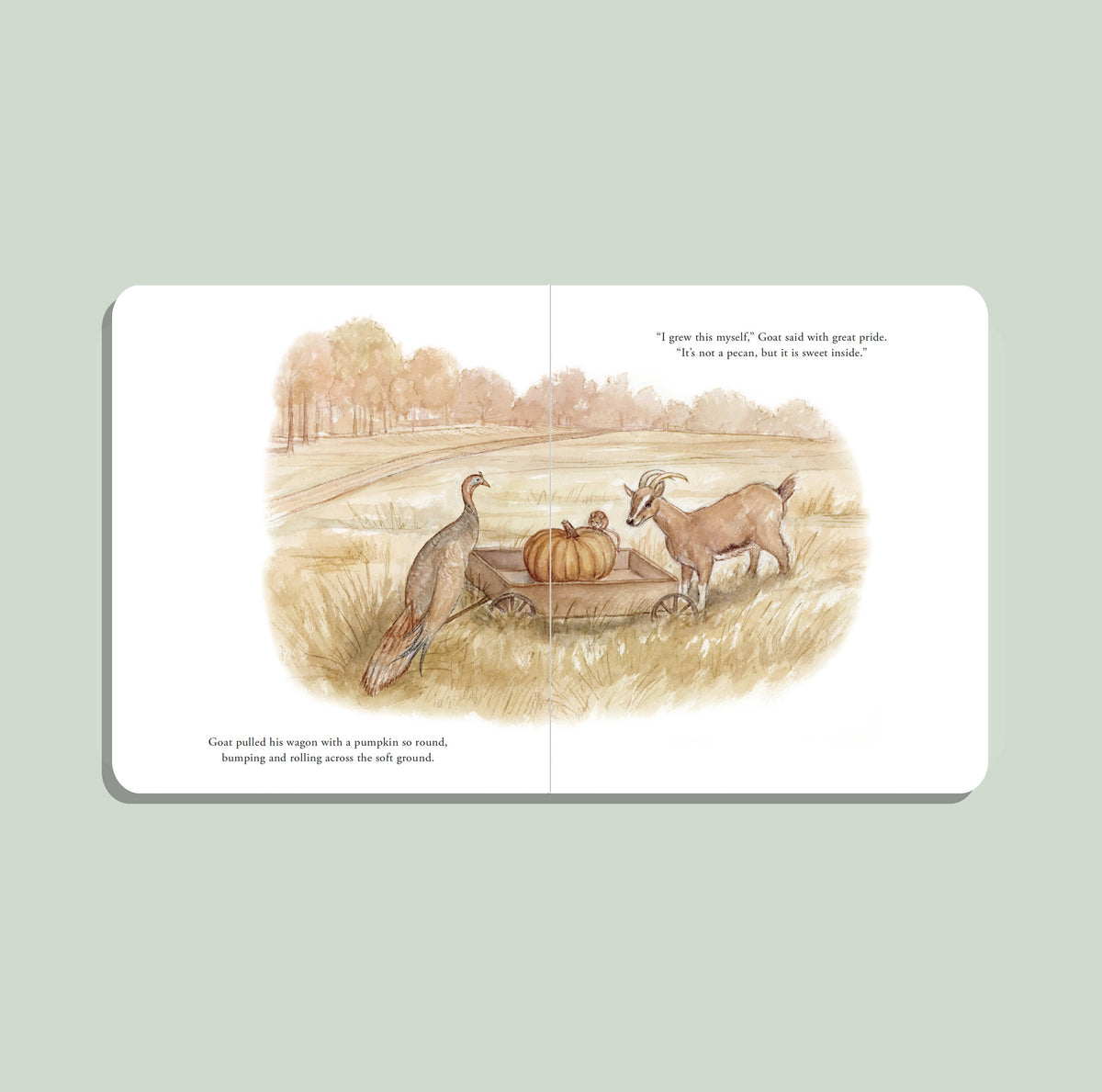 A children's book spread showing an illustrated autumn scene with a turkey, goat, and pumpkin on a wagon, printed on white pages against a pale green background.