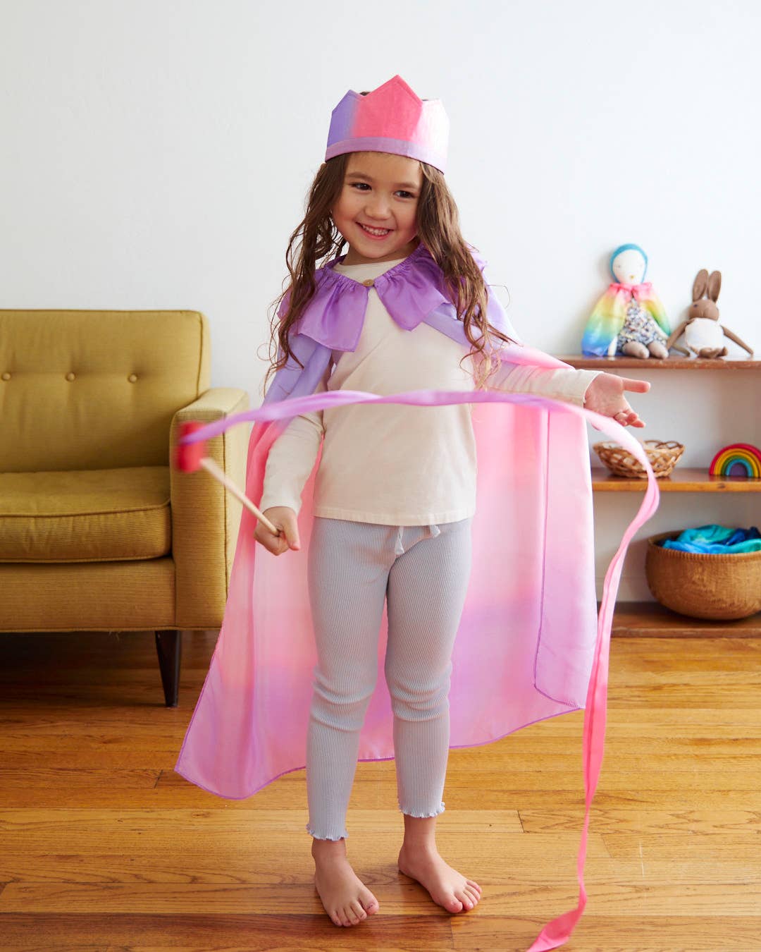 Pink & Purple Silk & Wood Streamer Heart Wand for Pretend Play