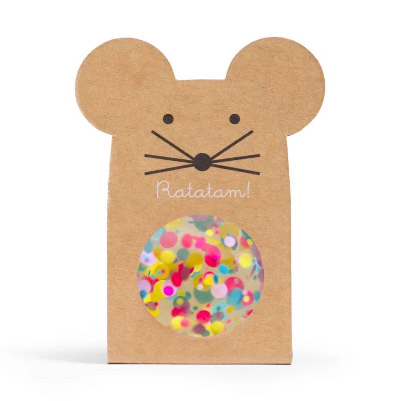 Kraft paper box shaped like a mouse with colorful confetti ball and 'Ratatam!' text on a white background