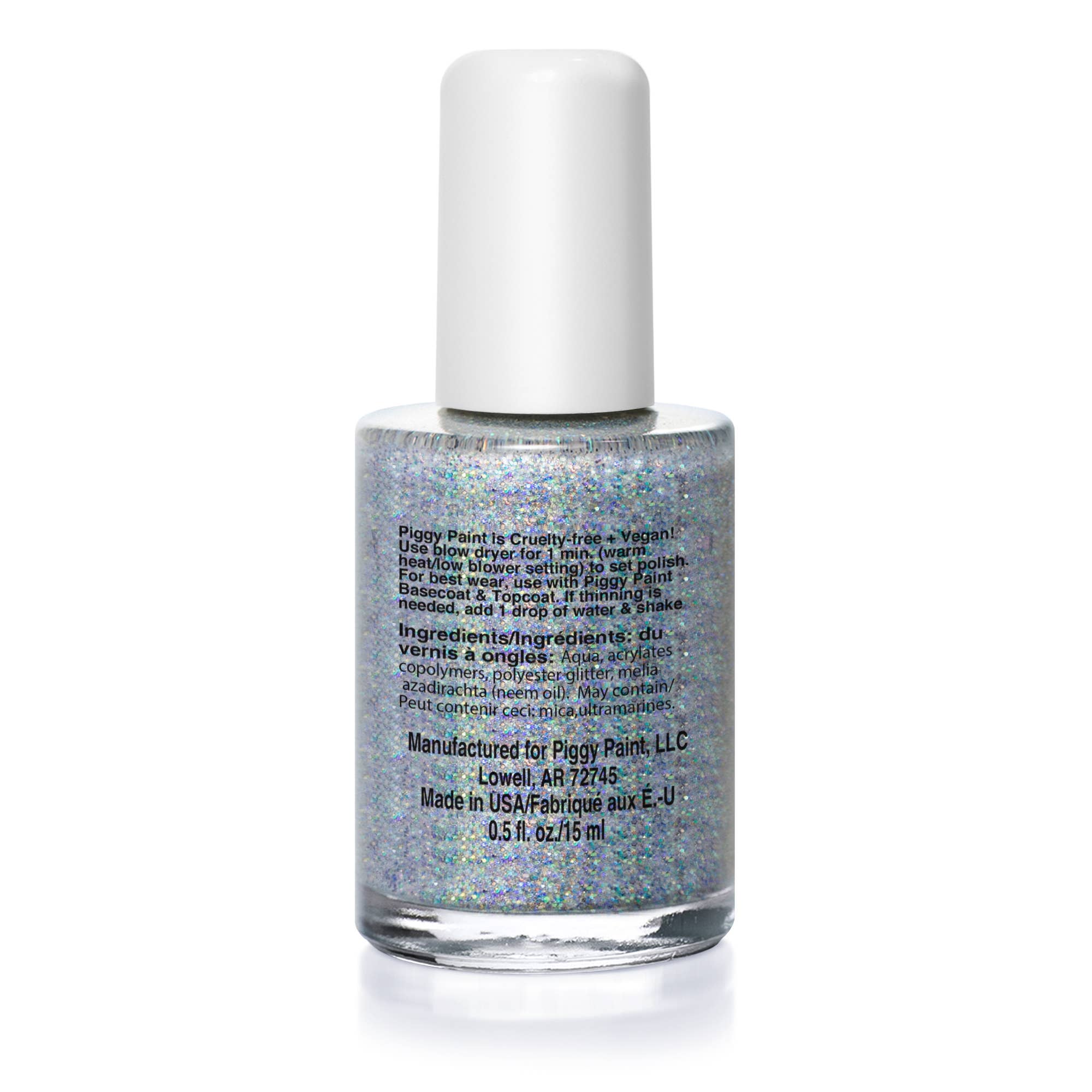 Nail polish bottle with glittery finish on a white background