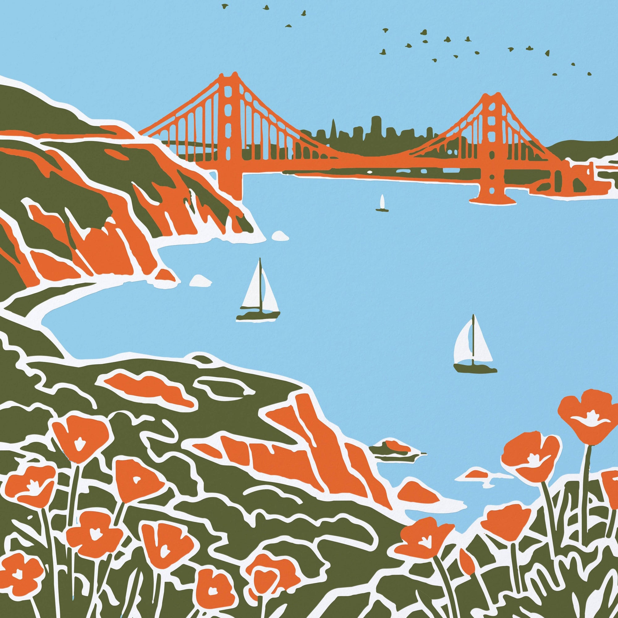 Illustration of the Golden Gate Bridge with sailboats and flowers.