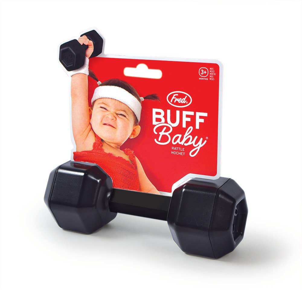 Black dumbbell toy with packaging featuring a child on a white background