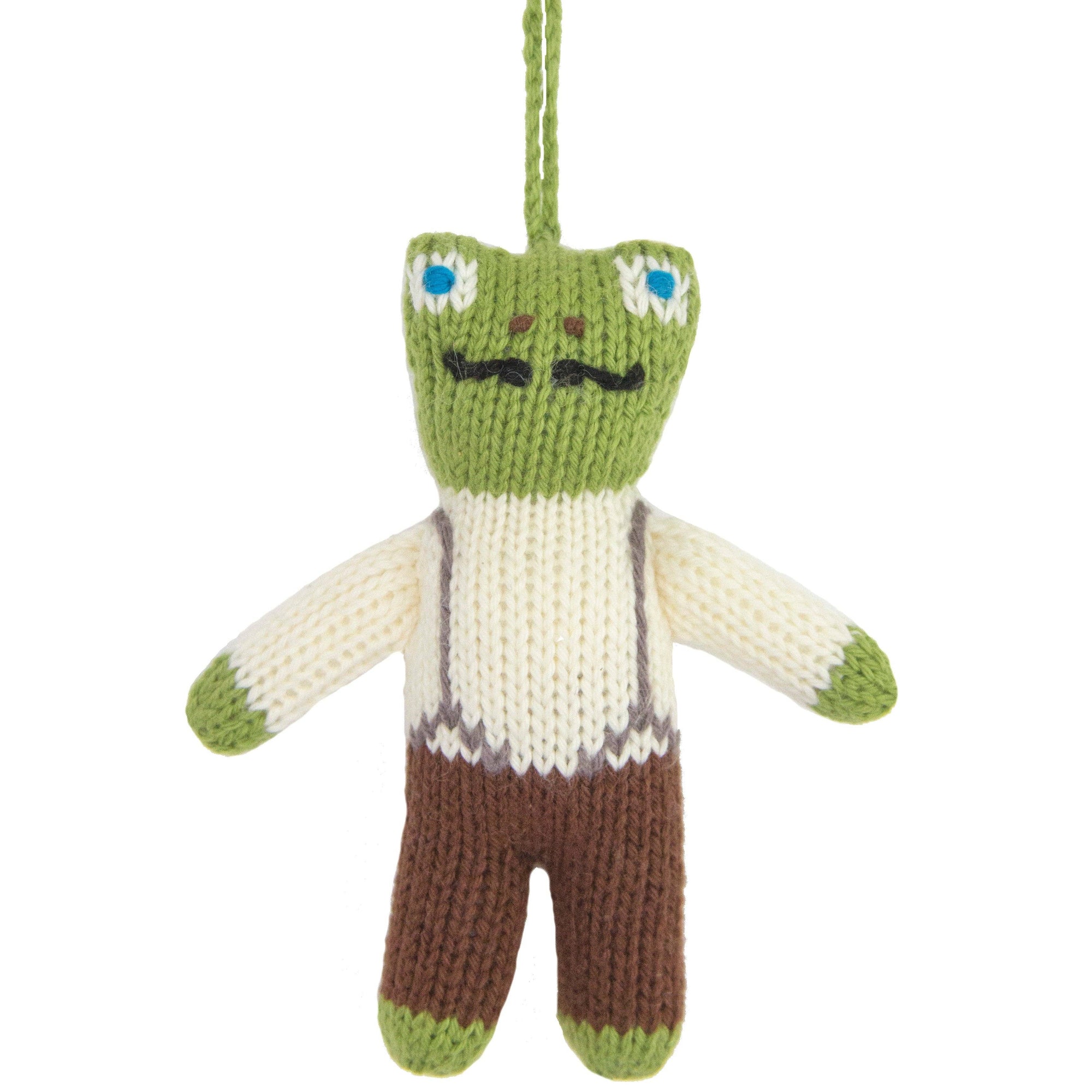 Knitted bag charm with a mustache on a white background