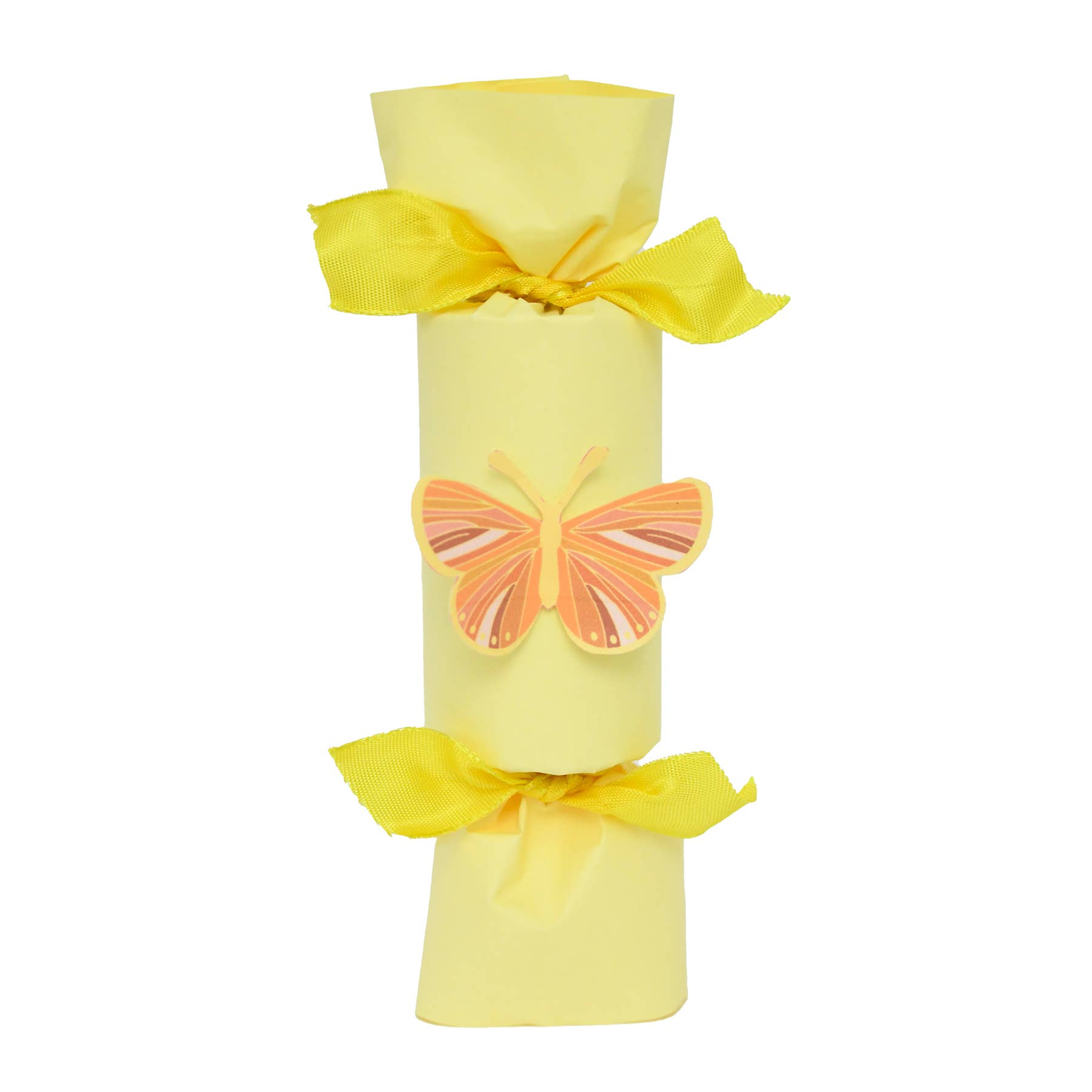 Yellow decorative item with a butterfly design on a white background