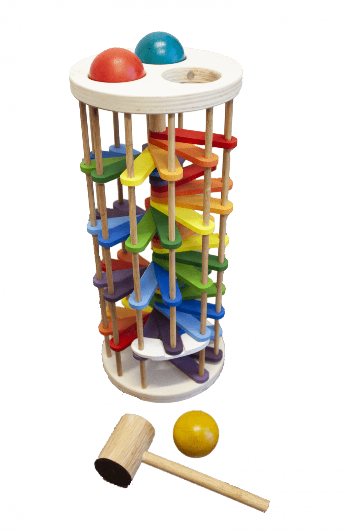 Colorful wooden toy with a hammer and balls on a white background