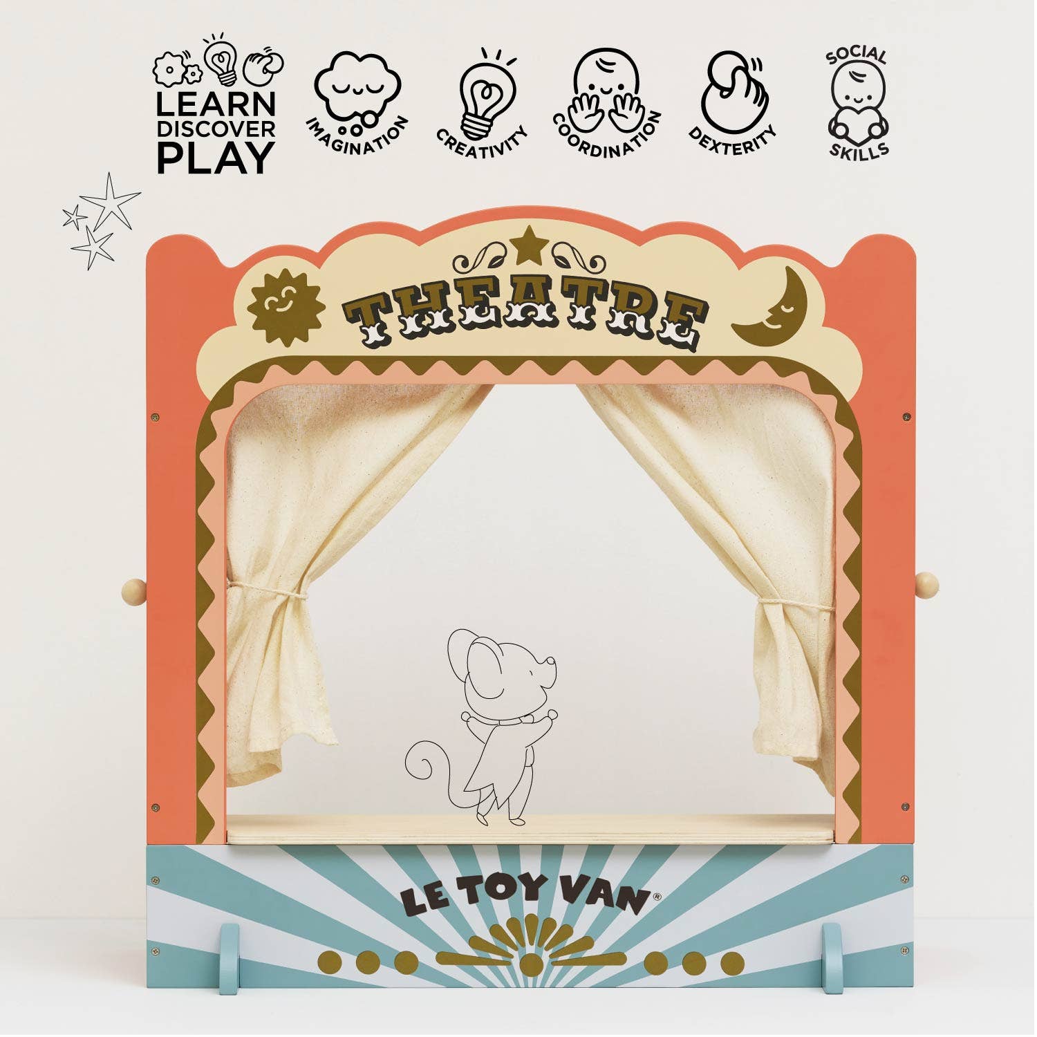 Children's theatre set with curtains and a mouse illustration, branded 'Le Toy Van', on a light background.