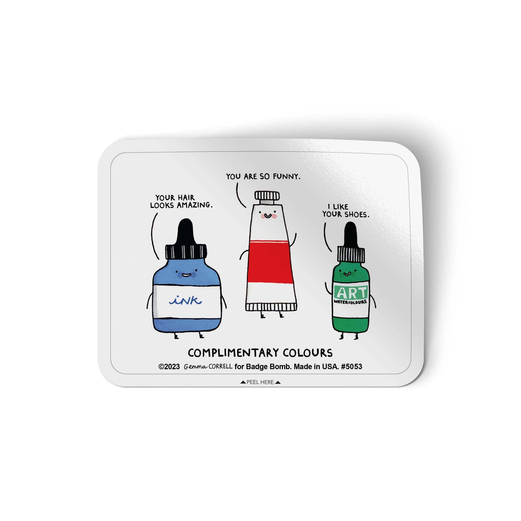 Badge Bomb with cartoon ink bottles and text on a white background