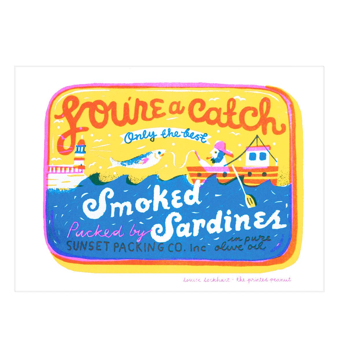 Colorful tin can with 'You're a Catch' text and fishing scene on a white background