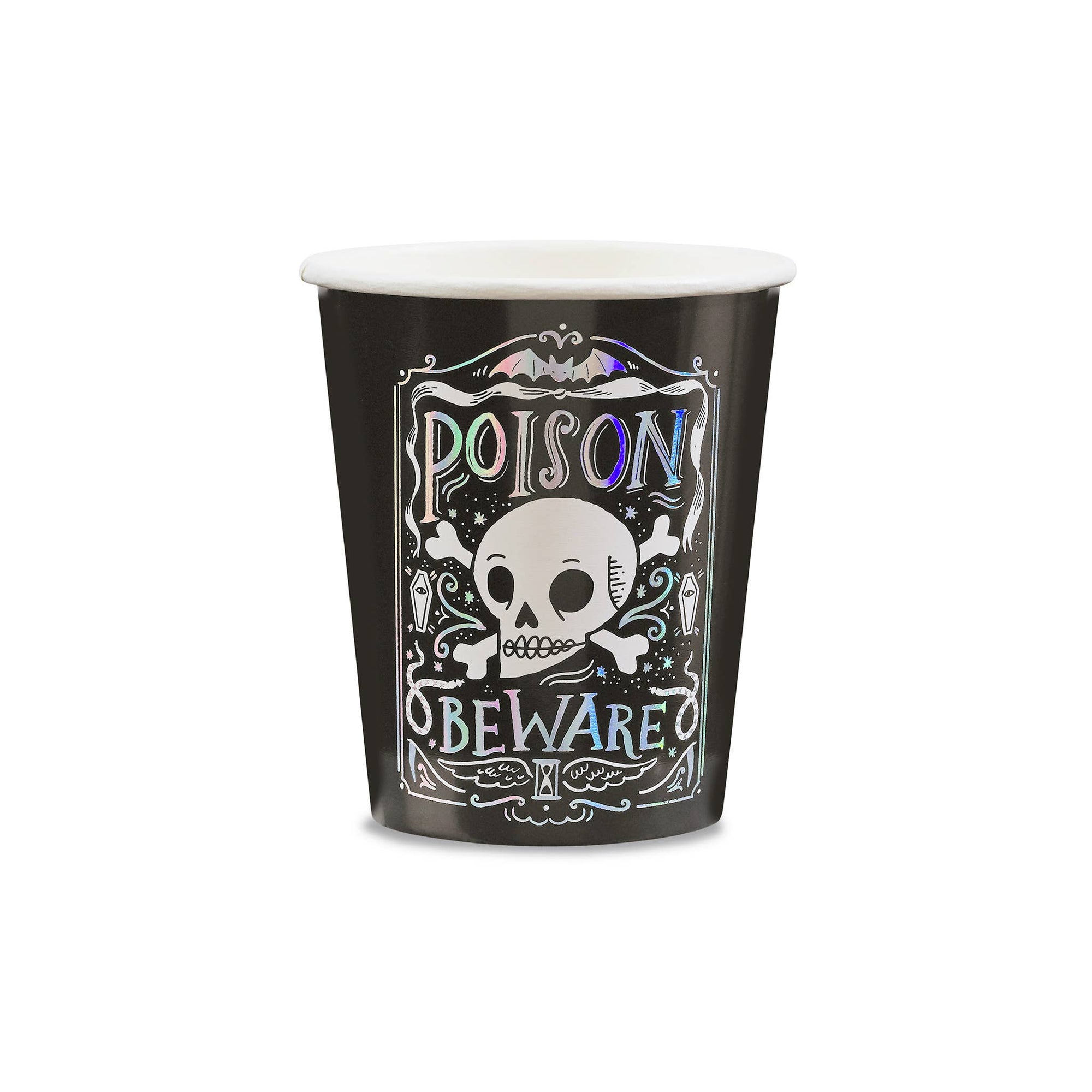 Black paper cup with skull design and 'Poison Beware' text on a white background
