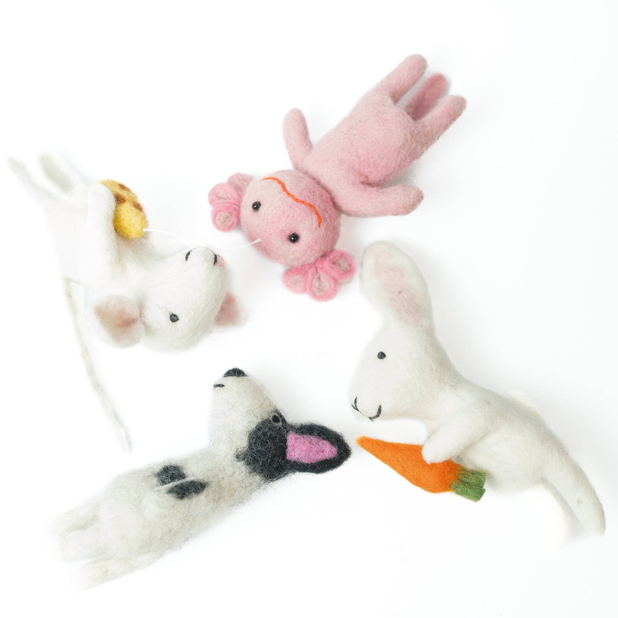 Set of small plush toys including a dog, rabbit, and cat on a white background