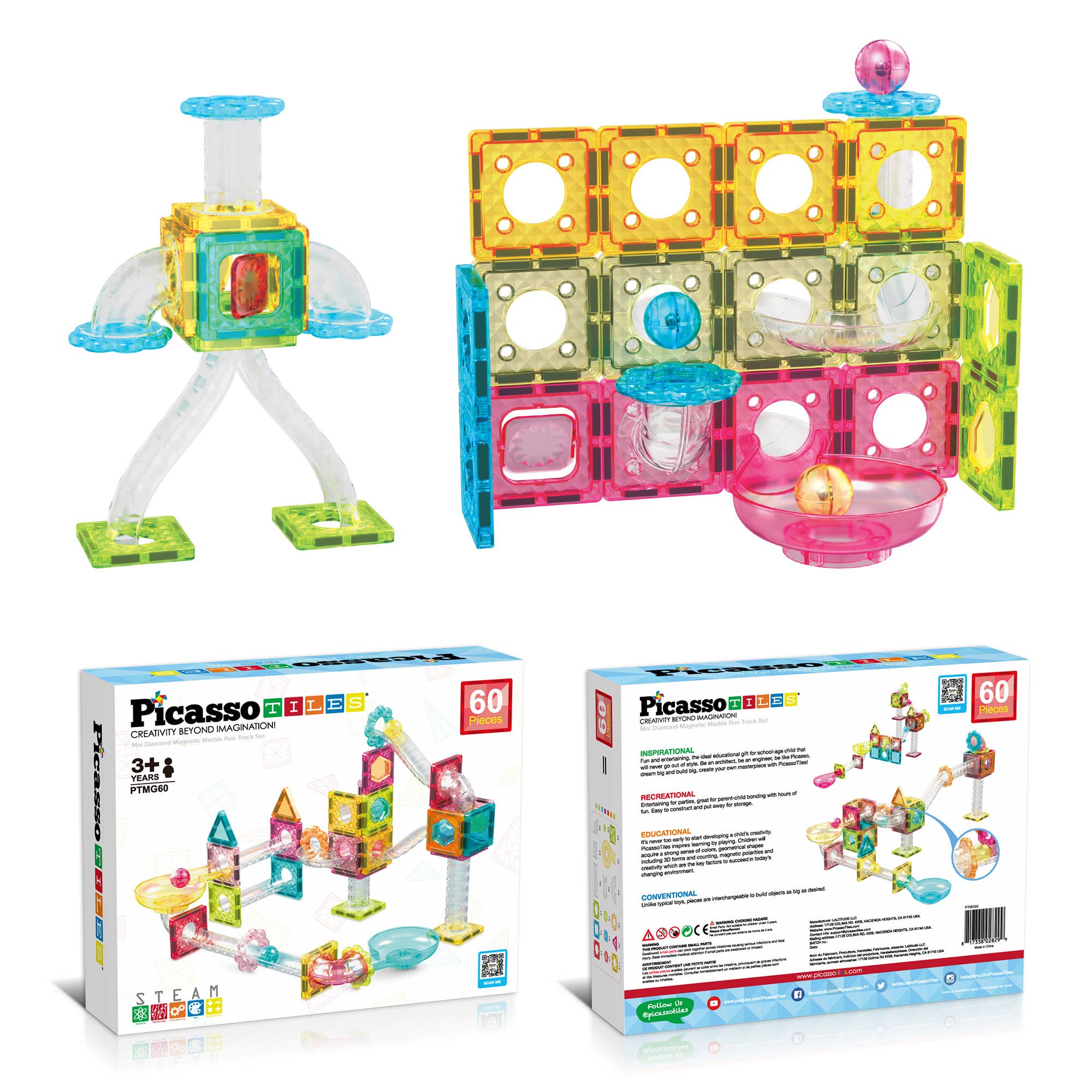Colorful magnetic building blocks set with two boxes on a white background