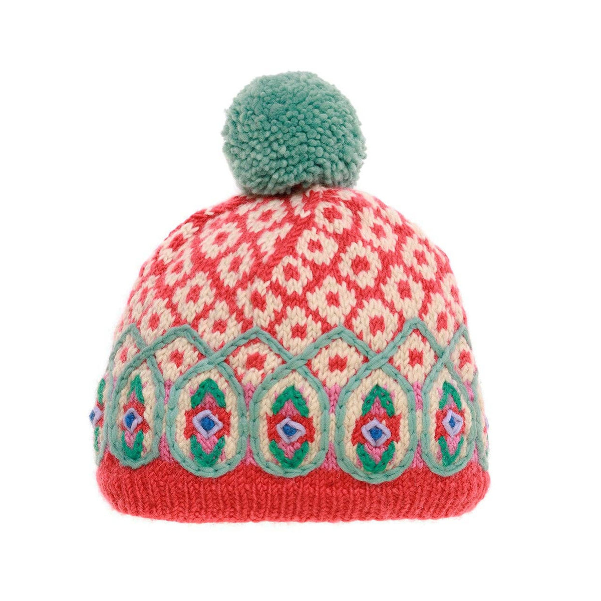 Knitted hat with a patterned band and green pom-pom on a white background