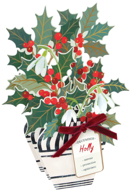 Decorative arrangement of holly leaves and berries with a red ribbon and label on a white background.