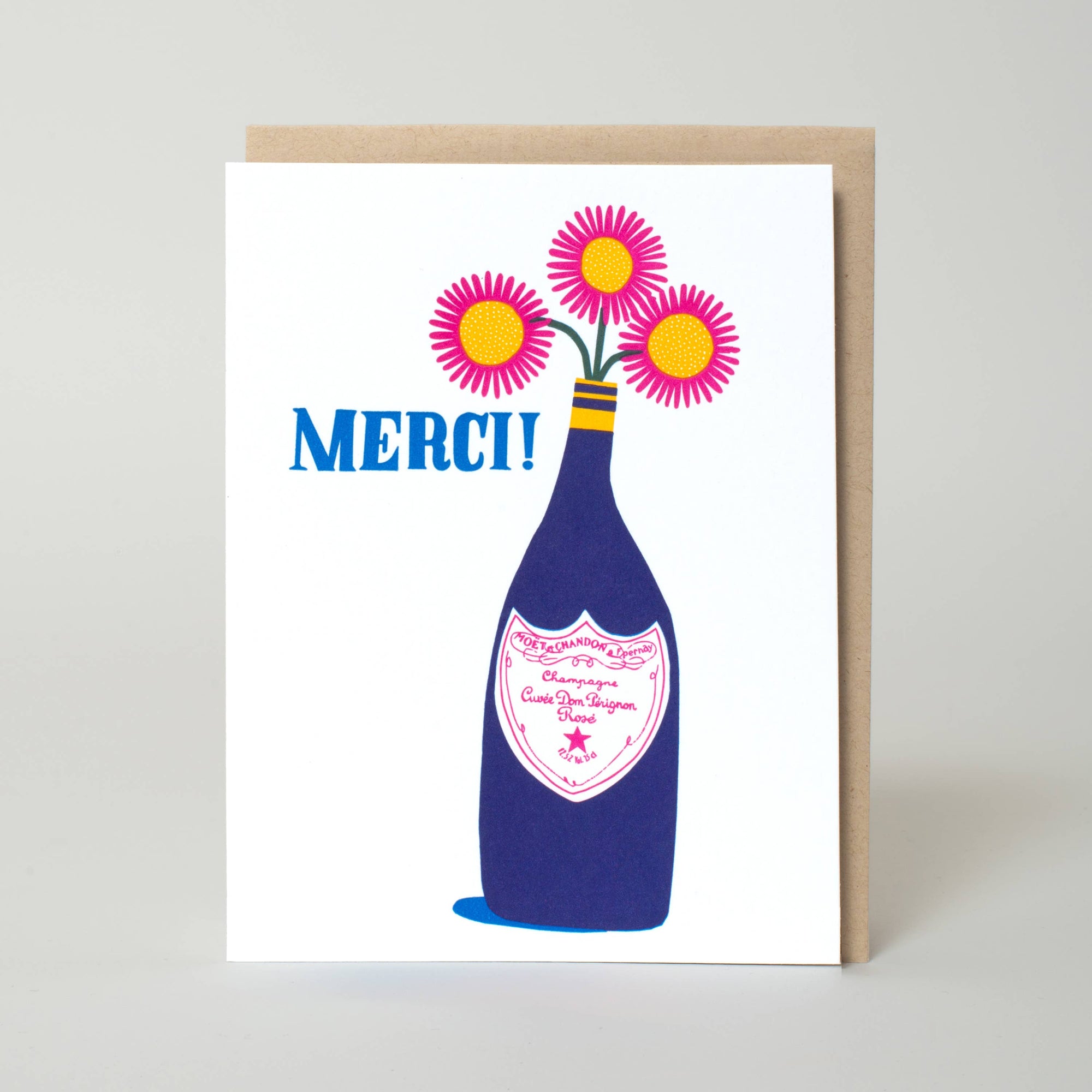 Greeting card with a blue bottle and pink flowers, featuring the word 'MERCI!' on a white background.
