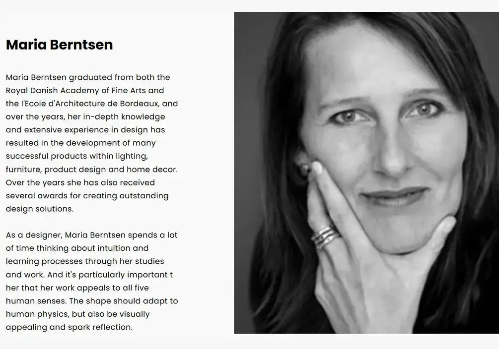Black and white portrait of a woman with text about Maria Berntsen on a white background