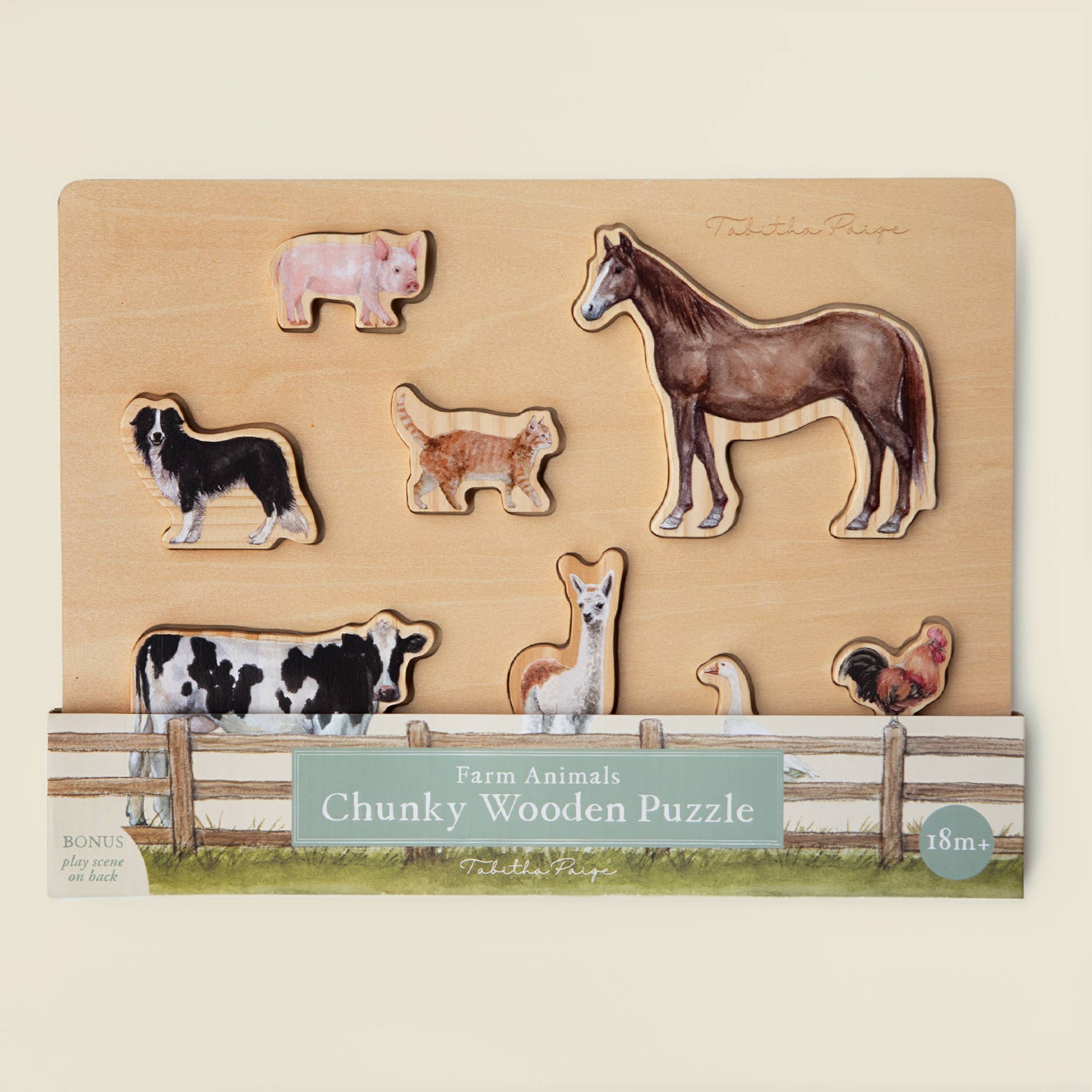 Farm animals chunky wooden puzzle on a beige background