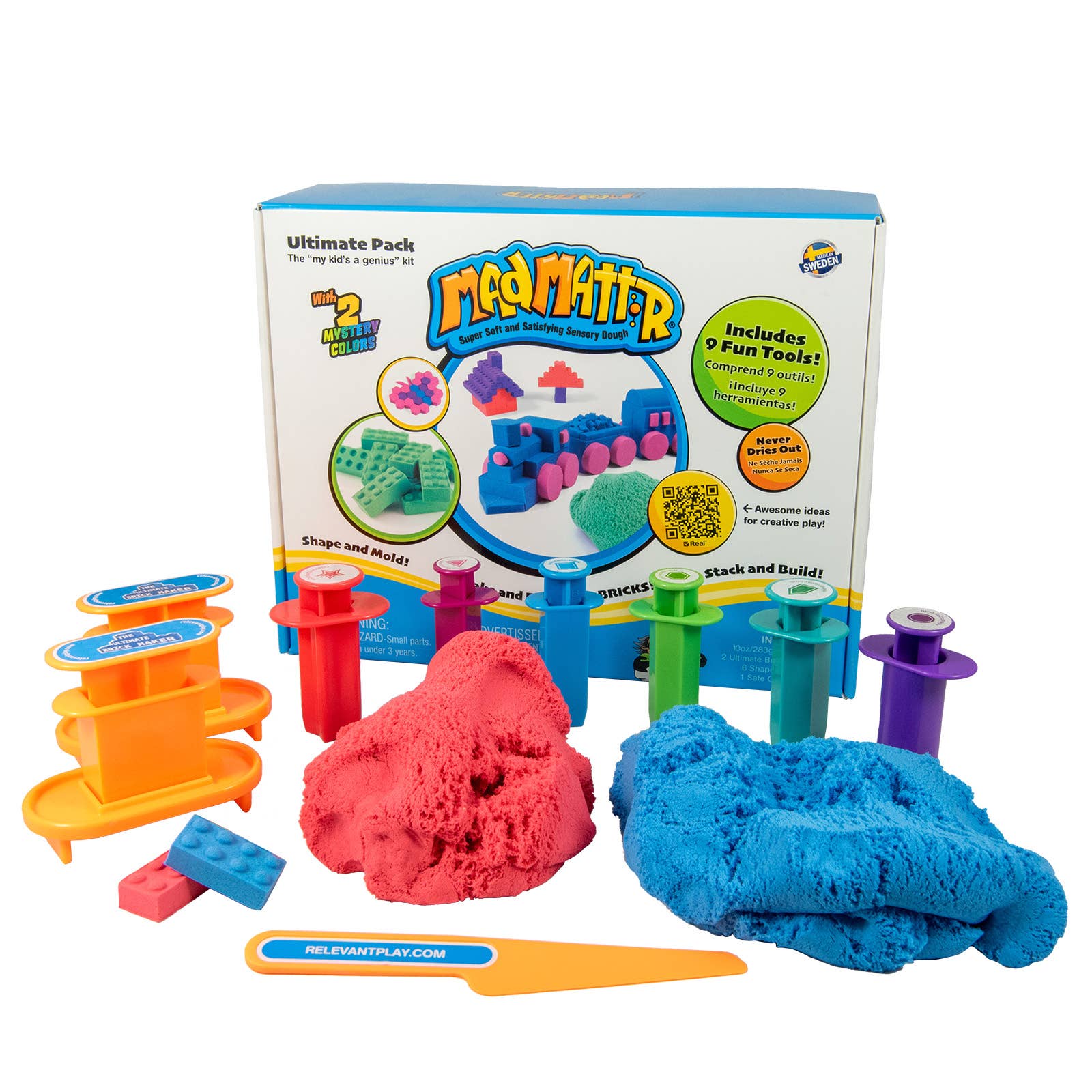 Red Matter play sand set with tools and packaging on a white background