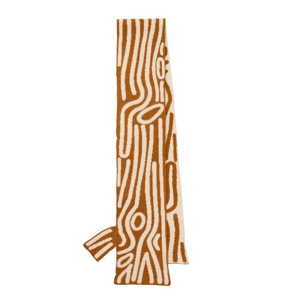 Textured scarf with brown and beige pattern on a white background