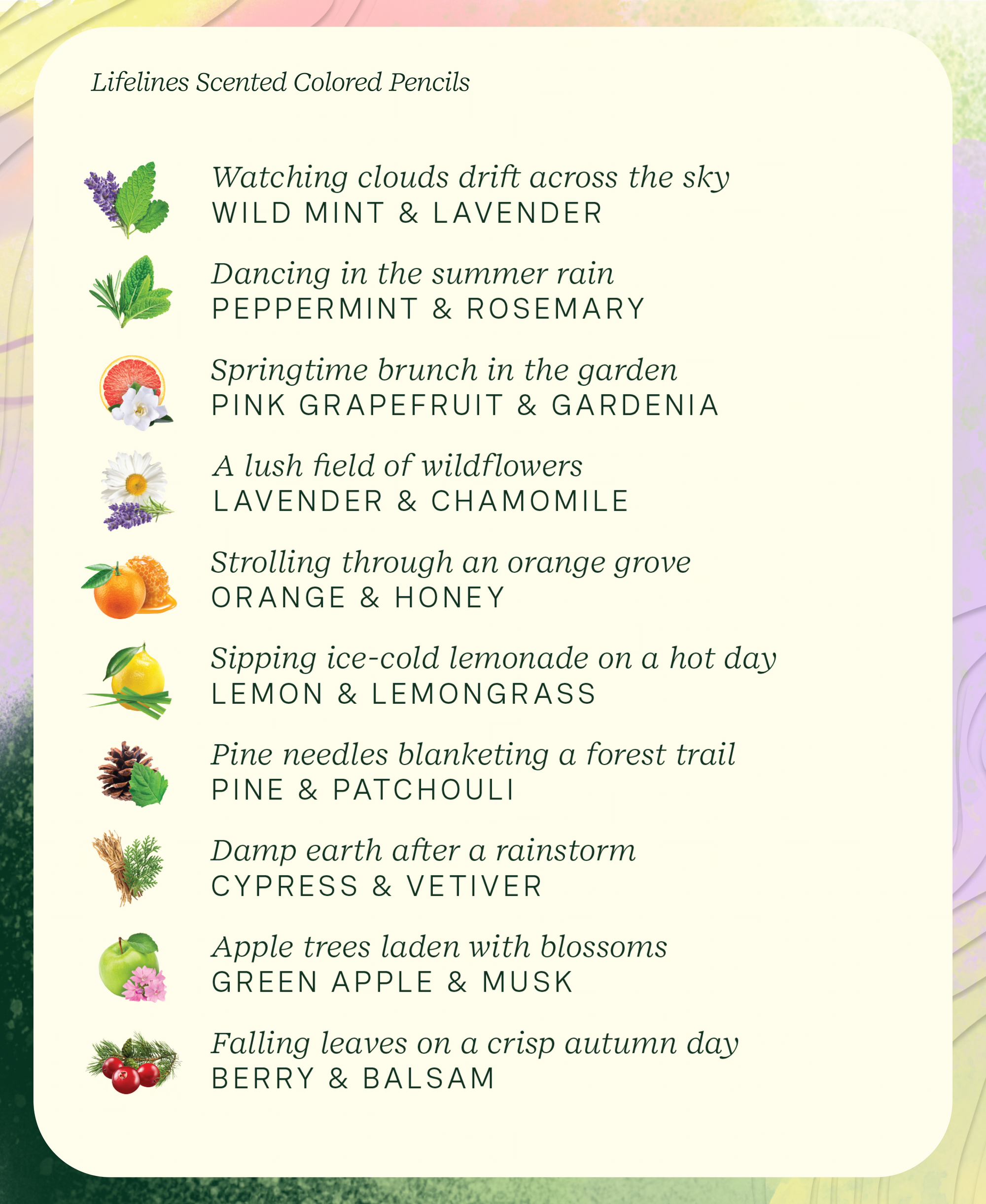 List of scented colored pencils with corresponding scents and illustrations on a colorful background