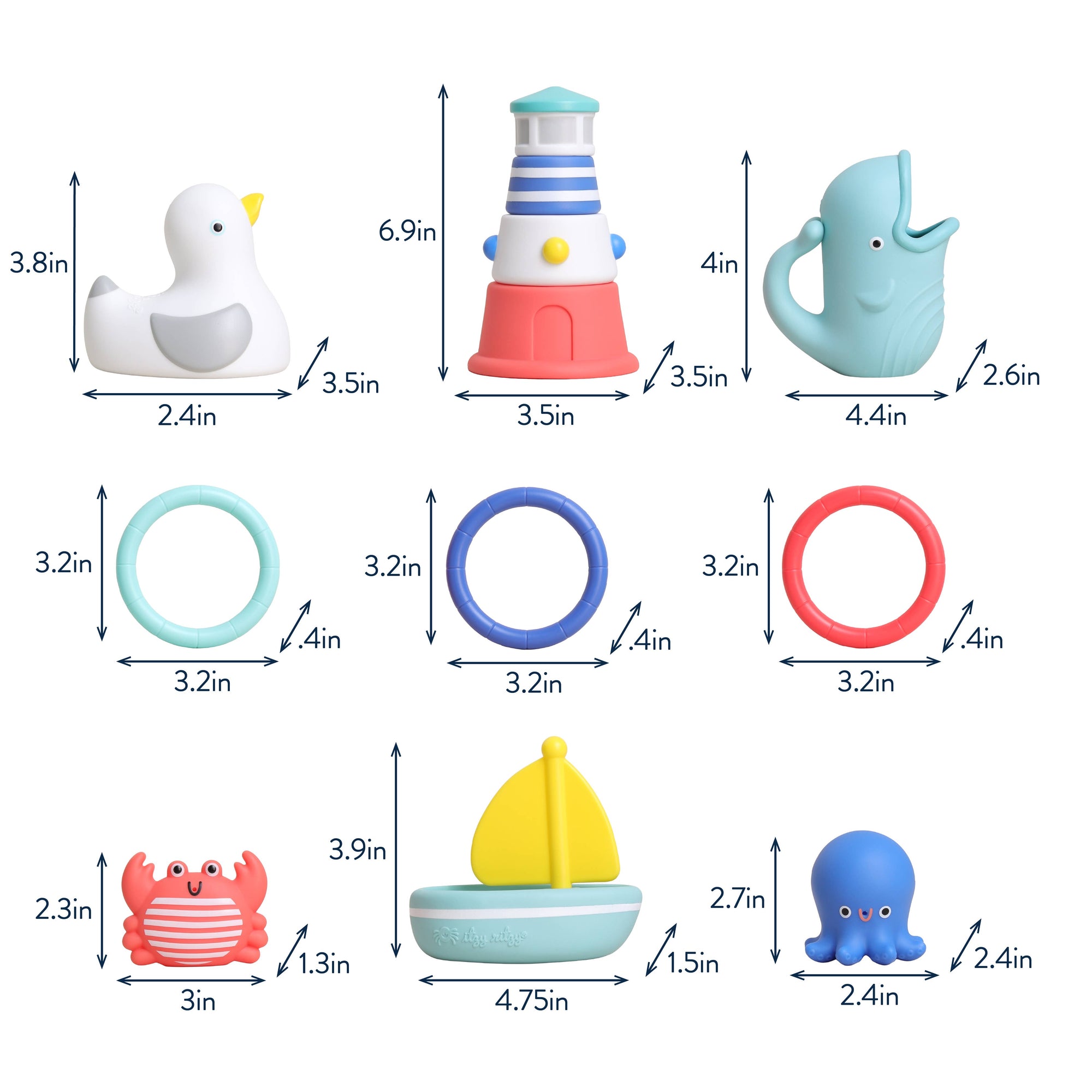 Set of colorful bath toys with dimensions labeled on a white background