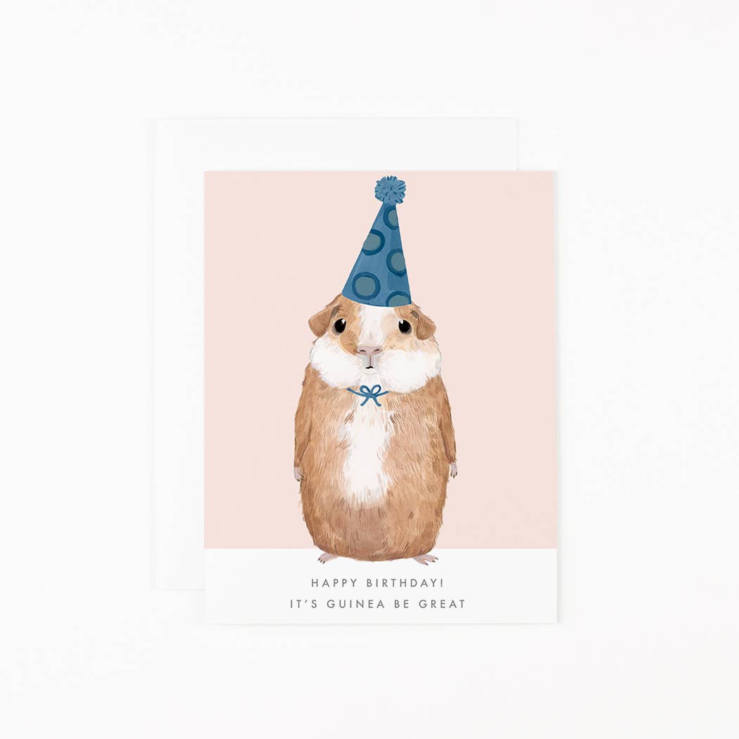 Greeting card with a guinea pig wearing a party hat on a pink background