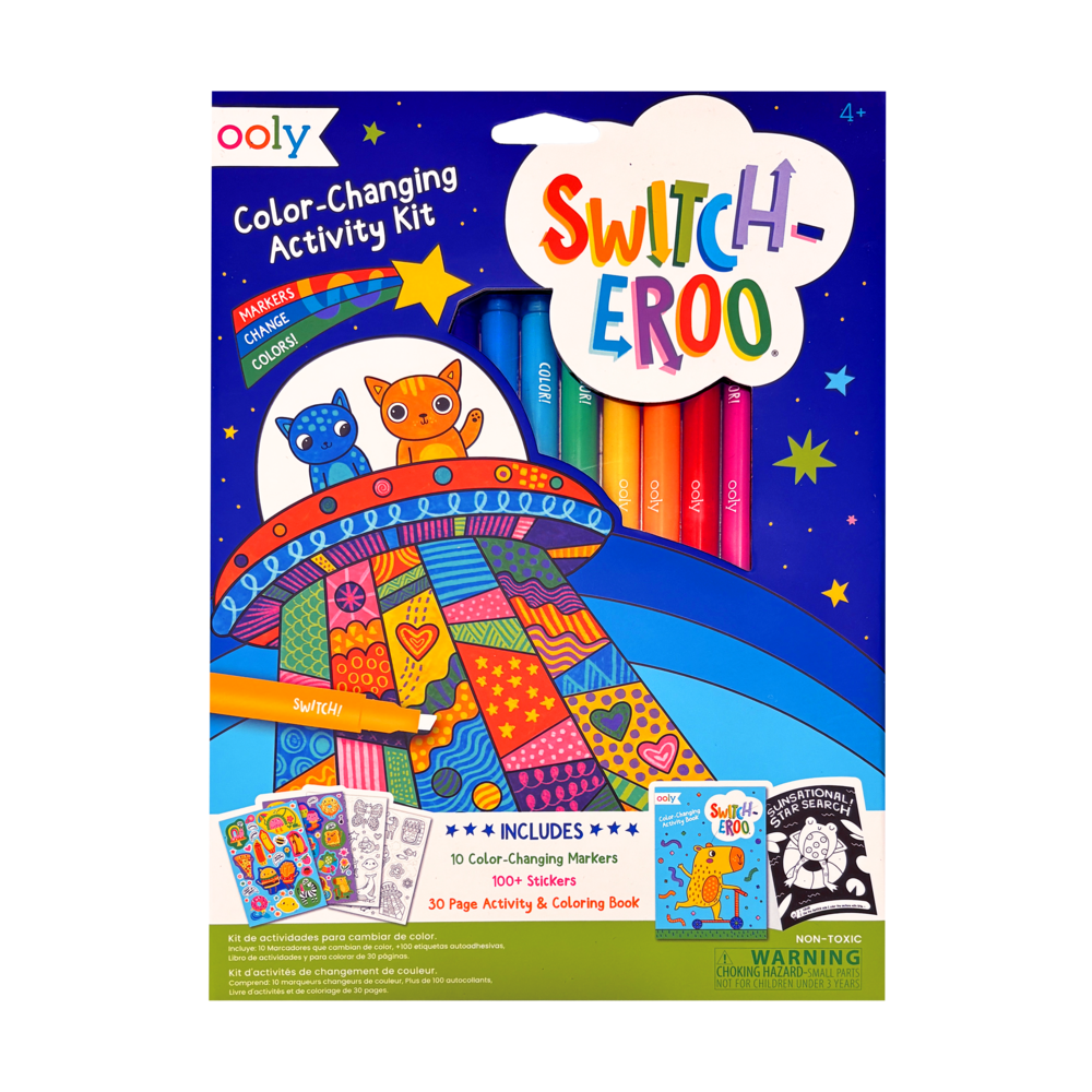 Color-changing activity kit packaging with markers and coloring books on a white background