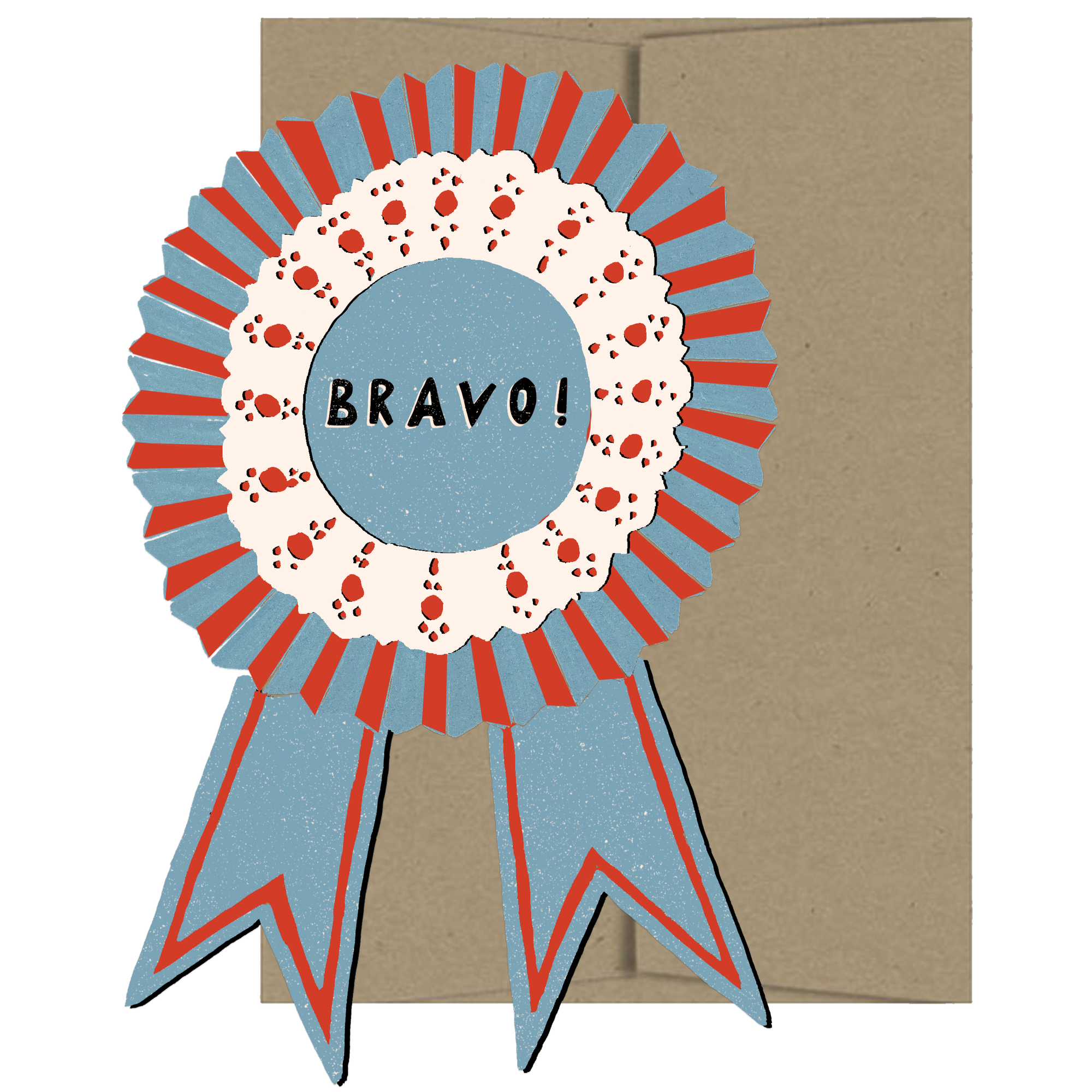 Greeting card with a decorative ribbon design and 'BRAVO!' text on a brown envelope.