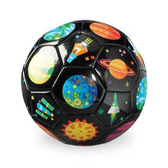 Black soccer ball with colorful space-themed designs on a white background