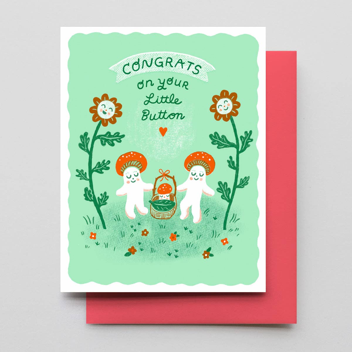 Greeting card with cartoon characters and flowers on a green background