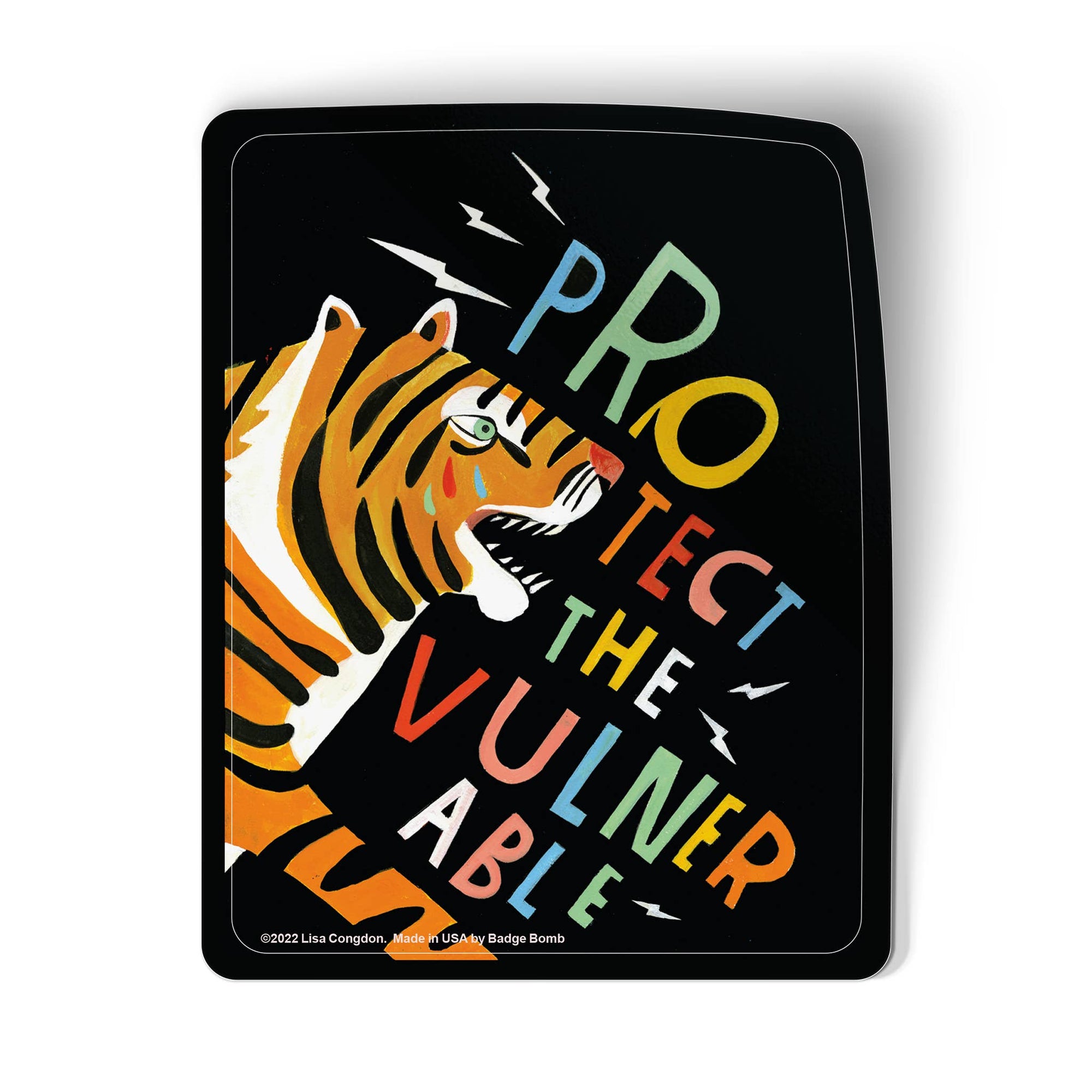 Sticker with a tiger illustration and text 'Protect the Vulnerable' on a black background