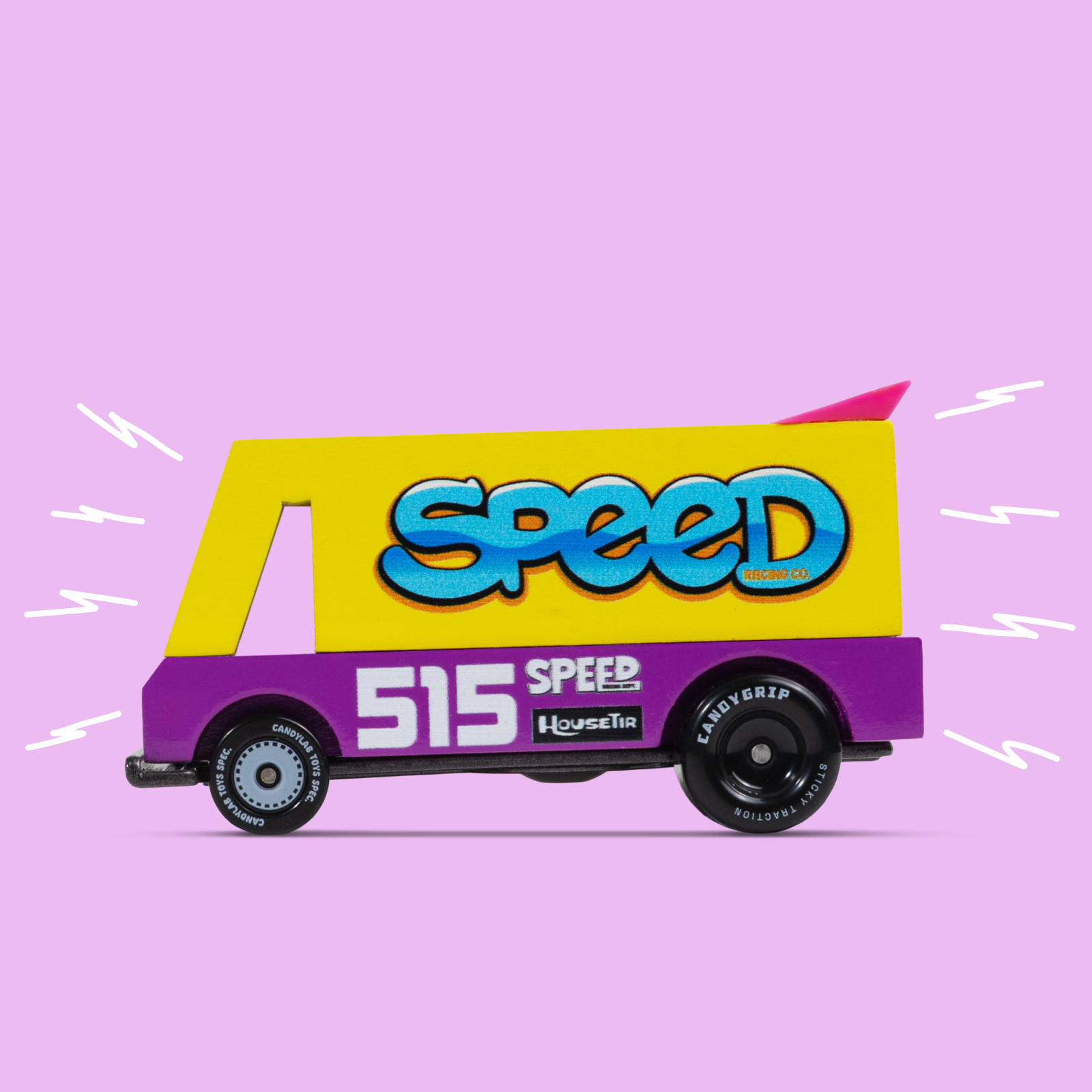 Colorful van with 'Speed' branding on a pink background