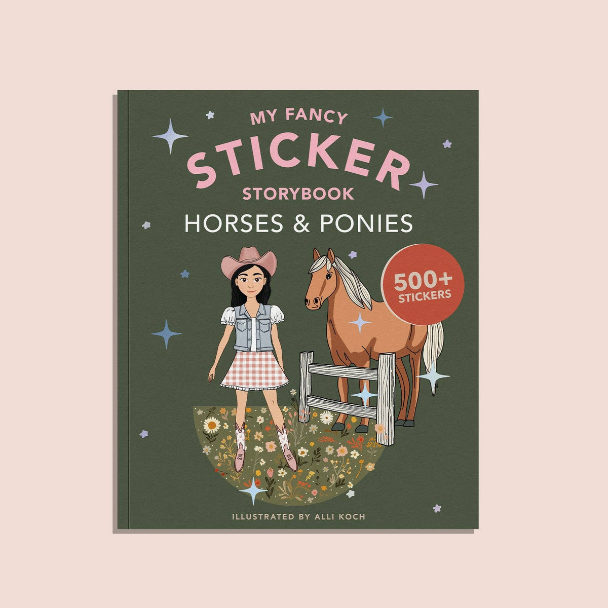 Sticker book cover with a girl and horse illustration on a green background