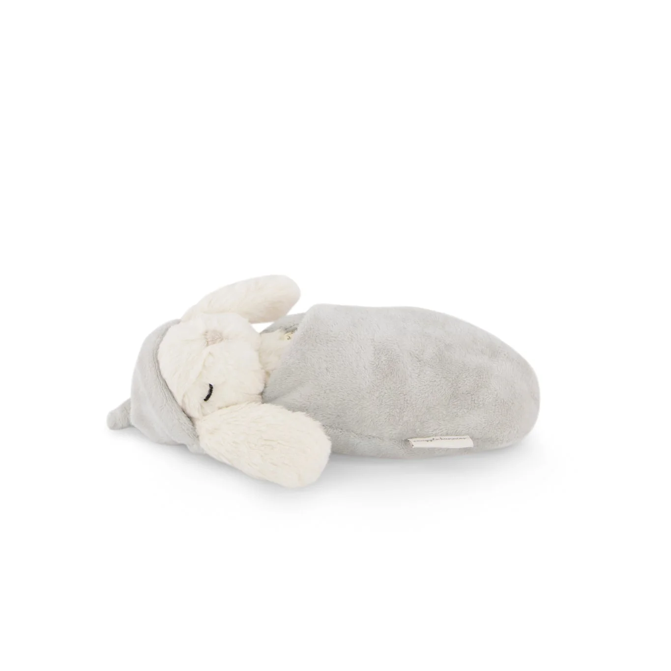 Gray plush toy with white accents on a white background