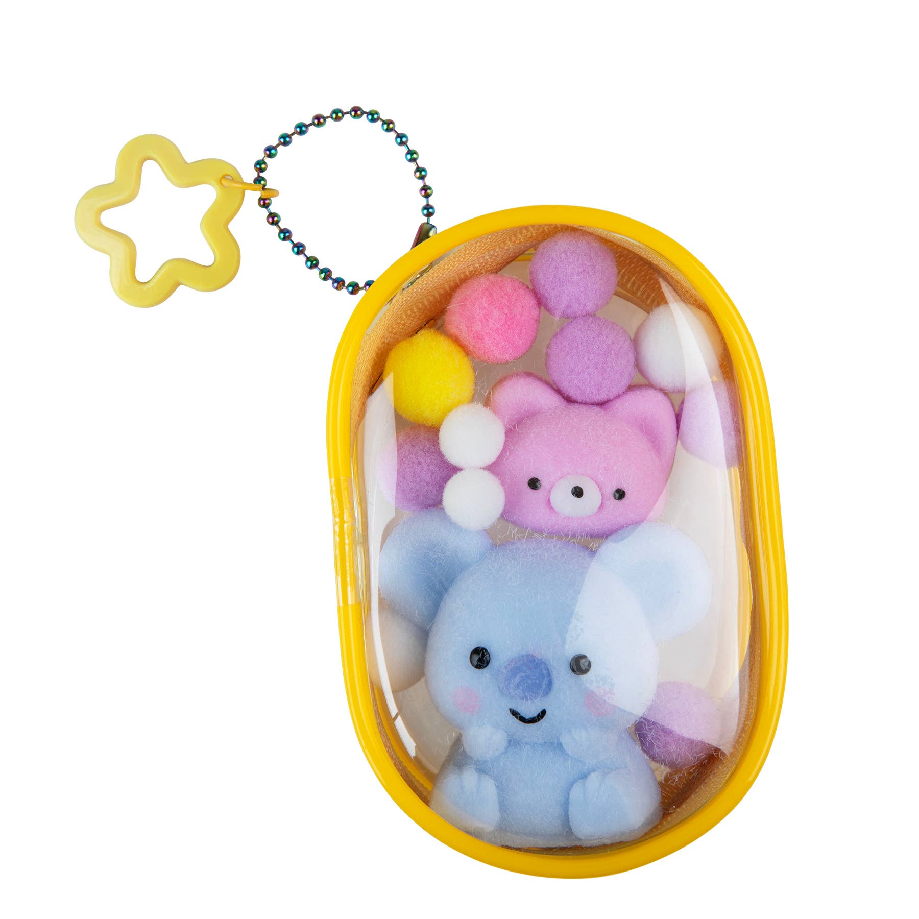 Plush toys in a yellow case with a star-shaped tag on a white background